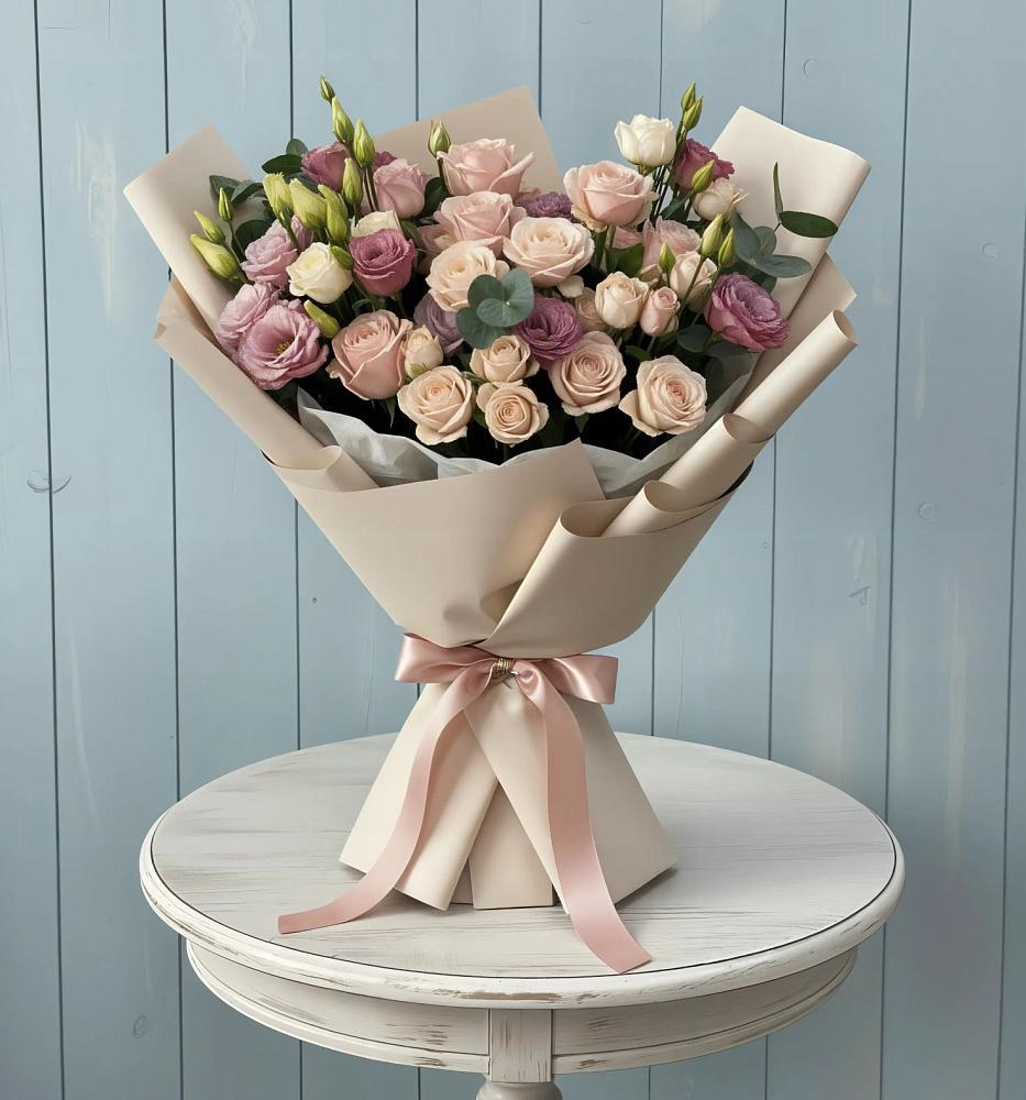 Букет цветов из: Розы и Лизиантусы в Посёлок Раменской Агрохимстанции