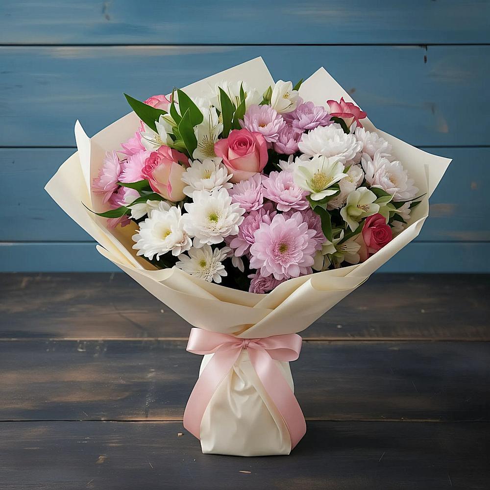 Букет цветов из: Хризантемы, Альстромерии и Розы в Посёлок Раменской Агрохимстанции